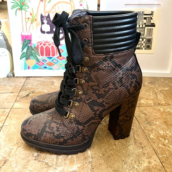 Just Fab • brown & black snakeskin print lace up 4” heel ankle boots - Picture 5 of 15